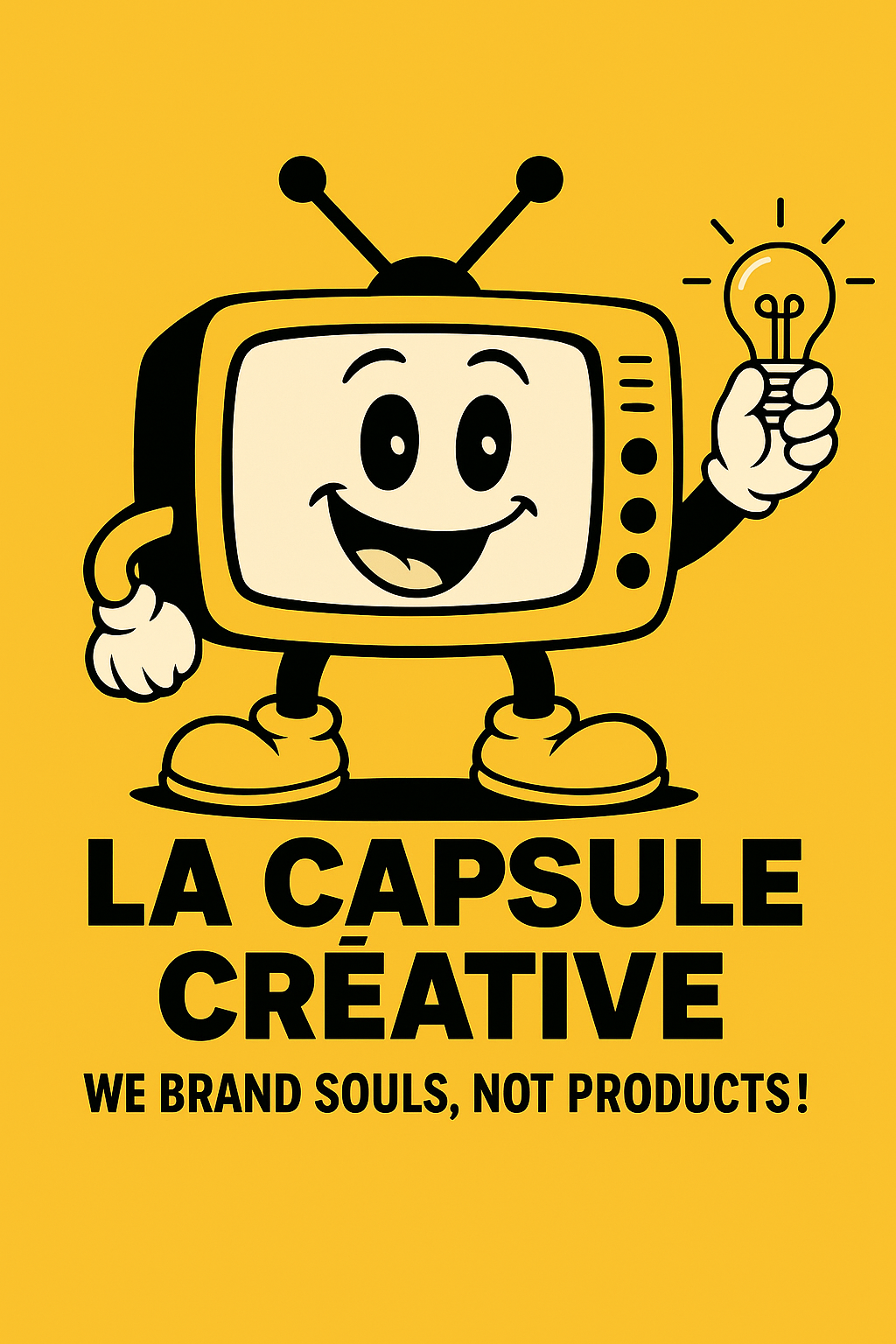 Logo La Capsule Créative : télévision vintage jaune souriante tenant une ampoule allumée