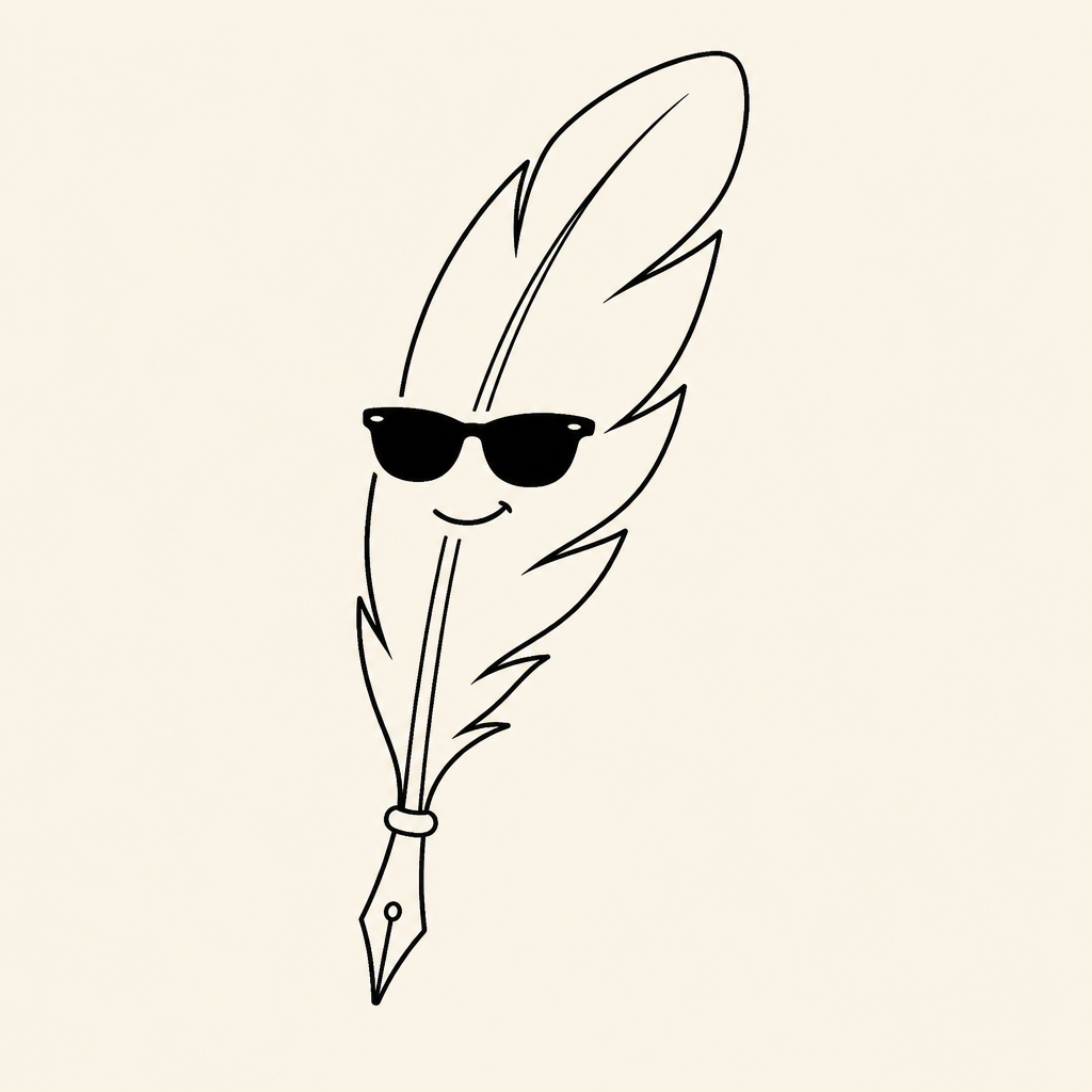 Mascotte Plume Incognito : plume stylisée au trait noir portant des lunettes de soleil