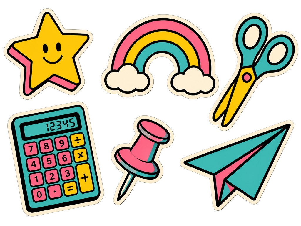 Autocollants rétro : étoile, arc-en-ciel, ciseaux, calculatrice, épingle, avion en papier